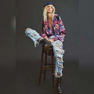 Free People Brunch A Bunch Longsleeve Tunic Top Black Floral Motif Size Small